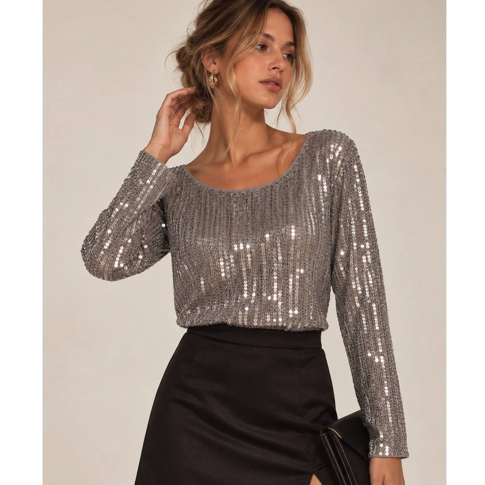 NWT Grace Karin Sequin Top Womens 2XL Silver Long Sleeve Split Back Blouse Disco